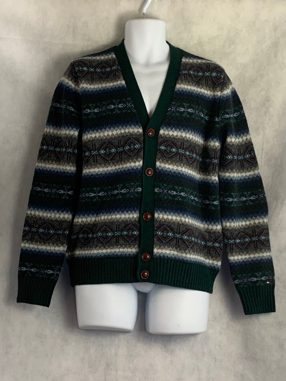 Tommy Hilfiger Men's Cotton Wool Fair Isle Cardigan Sweater, Topiary Green, XL